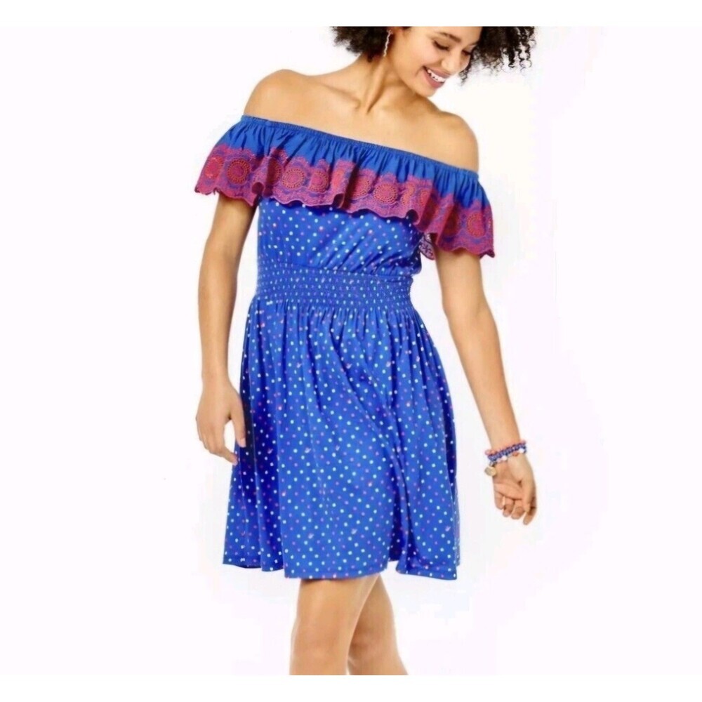 Lilly Pulitzer Kalama Off Shoulder Dress Smocked Embroidered Ruffle Size L Party